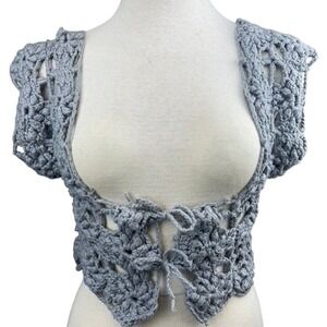 SUN KID Womens (S/M) Corset Shrug Sweater Gray Crochet Festival Boho Y2K Style